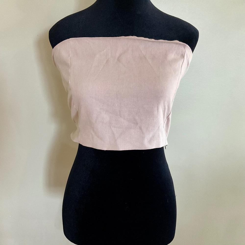 NWOT Strapless Tie Back Tube Top Beige Neutral Cropped Smocked Wrap L Minimalist